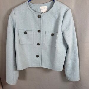 Christian Lacroix Jacket Womens L Blue Tweed Cropped Blazer Button Front 0839191